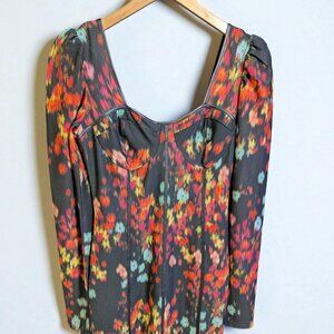 Guess Blurred Floral Long Puff Sleeve Sweatheart Bustier Mini Dress, Size Medium